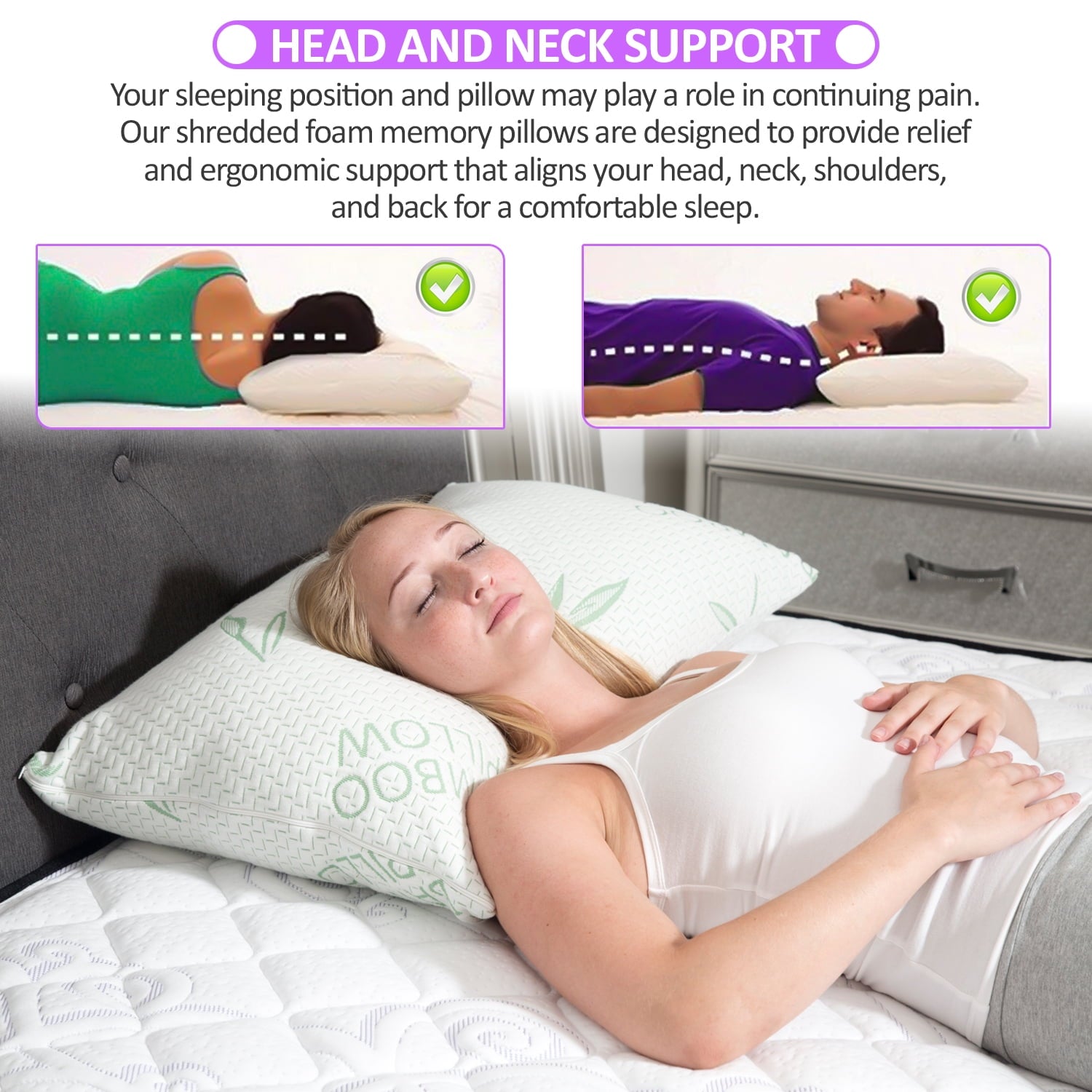 King Size Bamboo Pillow, Memory Foam Bed Pillows with Washable Pillowcases, King