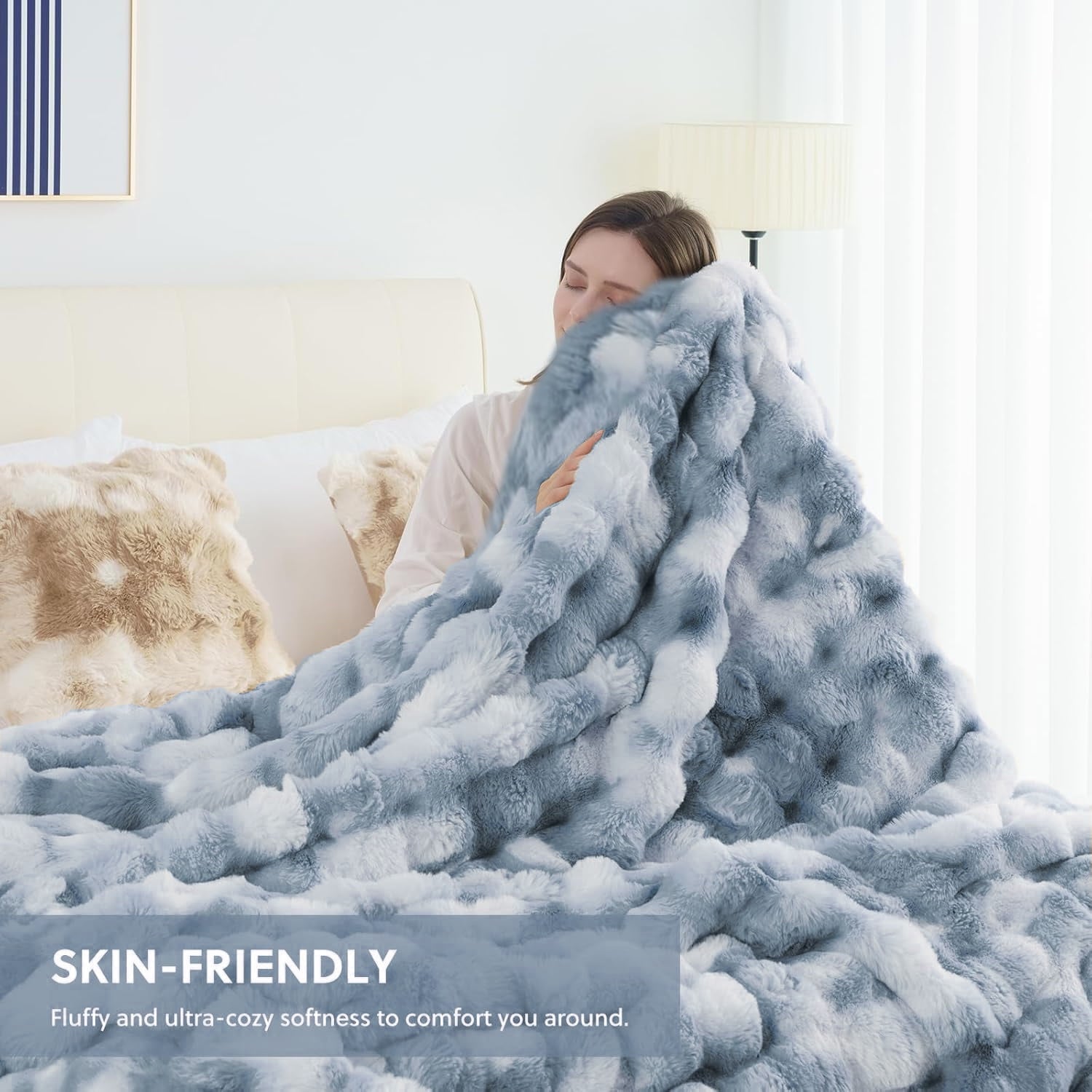 Faux Fur Blanket Fluffy Luxury Throw Blanket Plush Fuzzy Blanket for Couch Bed 50×60 Inches Tie-dyed Blue