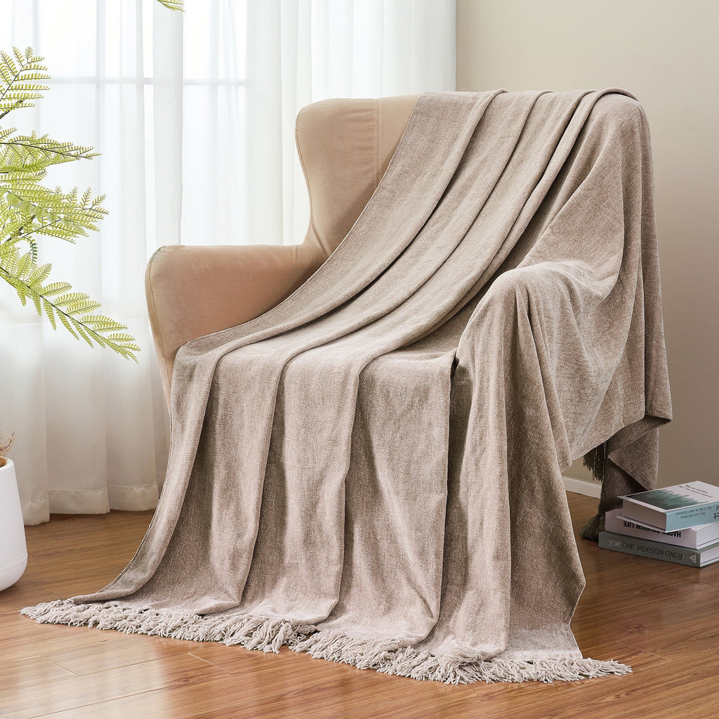 Chenille Throw Blanket with Fringe Tassel for Couch Sofa Chair Bed, Taupe 50" X 60"