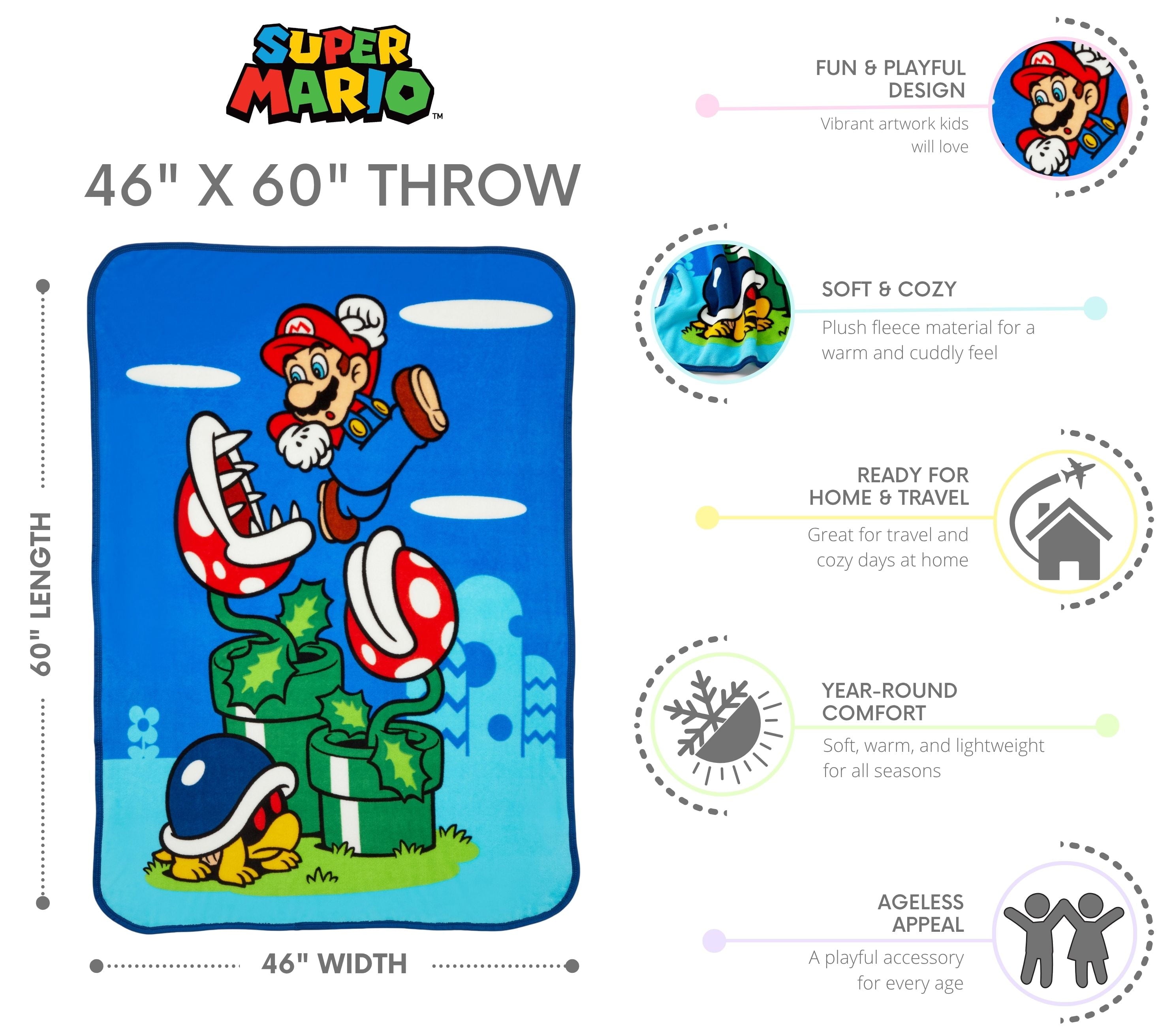Kids Fleece Throw Blanket 46x60, Nintendo
