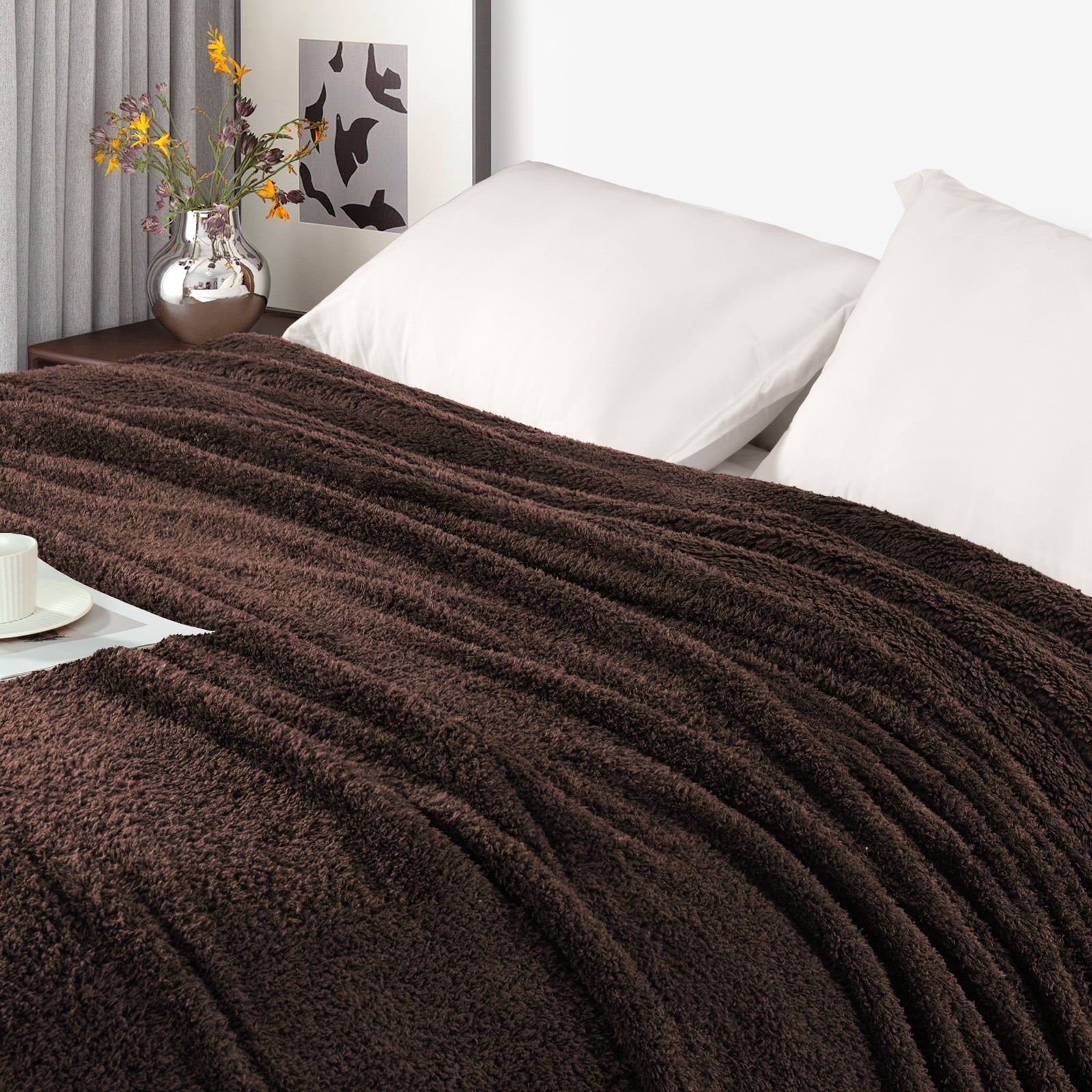 Fuzzy Fleece Throw Blanket for Couch Sofa, Lightweight Fluffy Solid Velvet Blanket, 50x60 Inches, Coffee