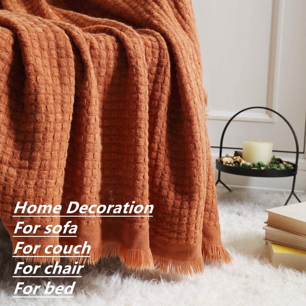 Farmhouse Rust Knit Throw Blanket for Couch Sofa Chair Bed Home Decoration, Soft Warm Cozy Light Weight for Spring Su...